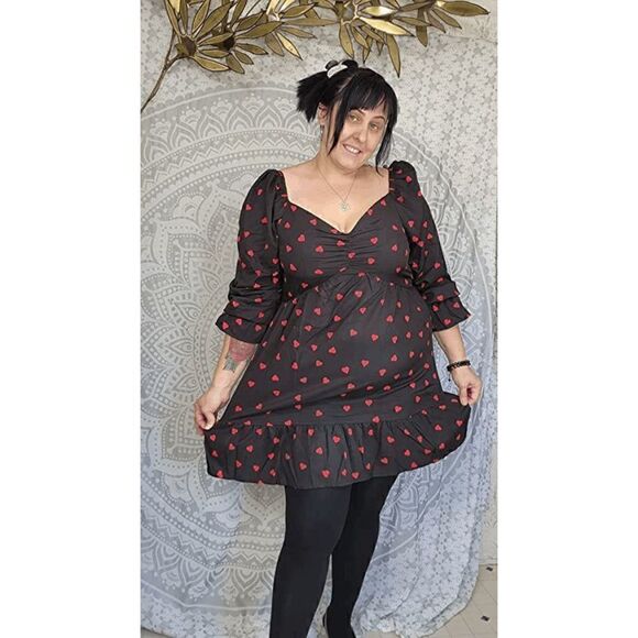 ❤ Plus Size Valentine’s Day Long Sleeve Heart Print Black Dress NWT - Picture 15 of 16